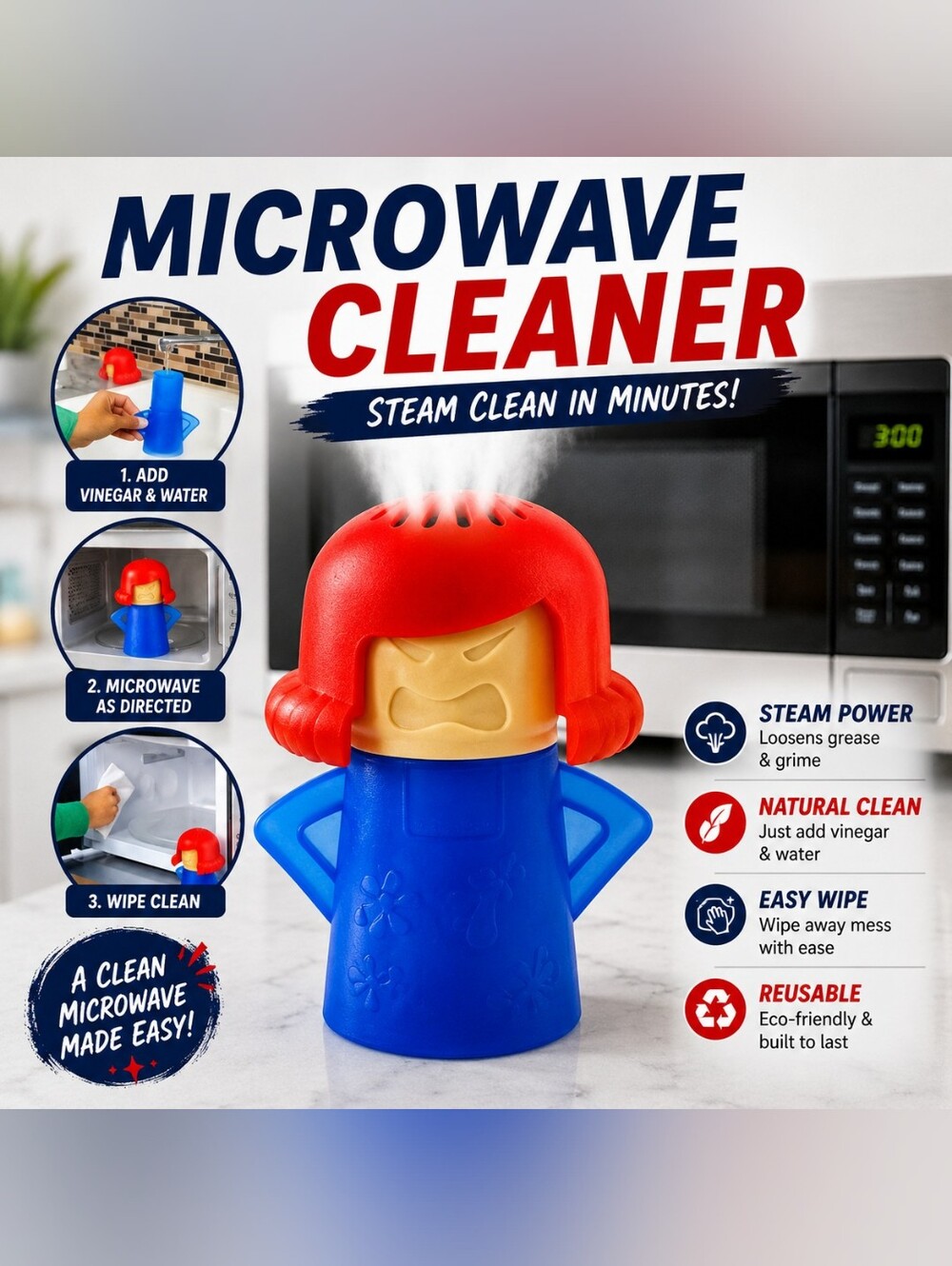 Microwave Steam Cleaner Red & Blue Reusable Kitchen Cleaning Tool